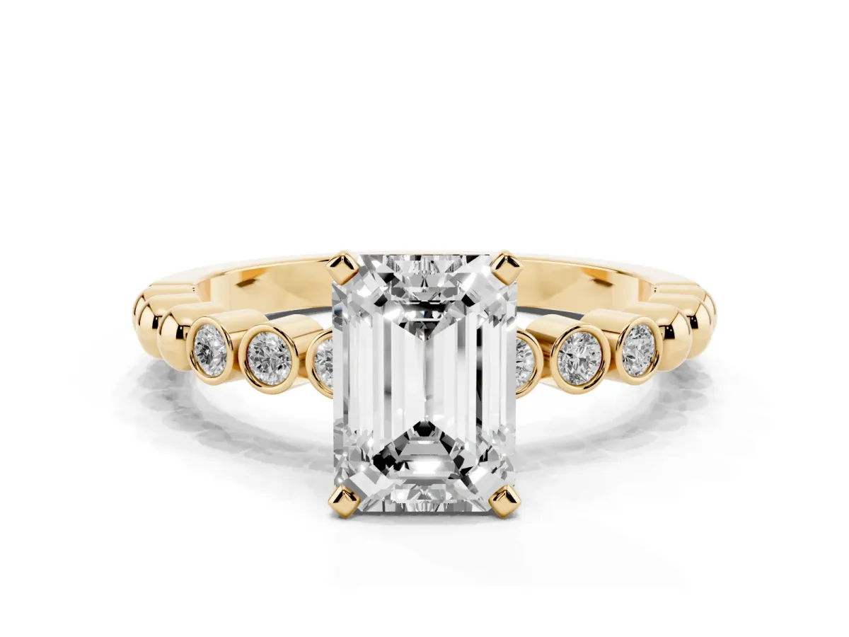 Emerald Cut Solitaire Bezel Accent Diamond Engagement Ring with Beaded Band and Four-Prong Setting Yellow gold