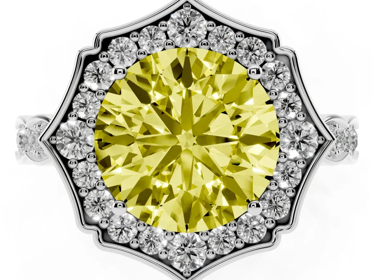 Fancy Yellow Round Cut Halo Diamond Engagement Ring with Milgrain Band and Four-Prong Setting White gold