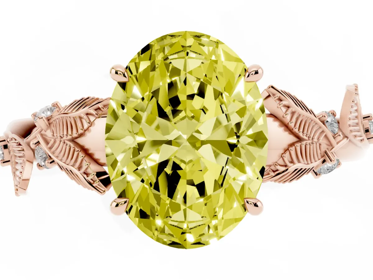 Fancy Yellow Oval Cut Diamond Solitaire Ring with Leaf Motif Band and Four-Prong Setting Rose gold