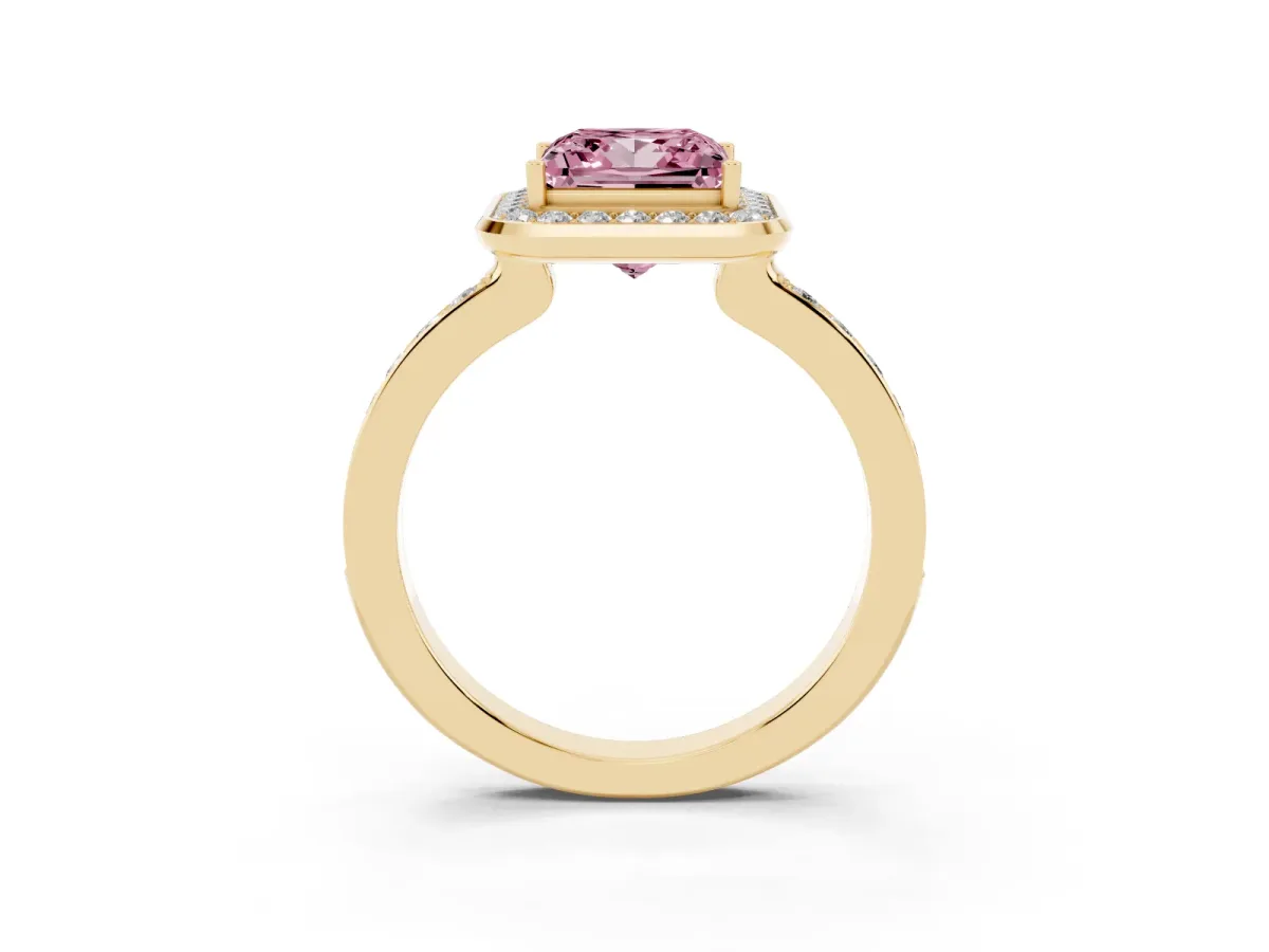 Fancy Pink Princess Cut Diamond Halo Ring with Bezel Frame and Pavé Band Yellow gold