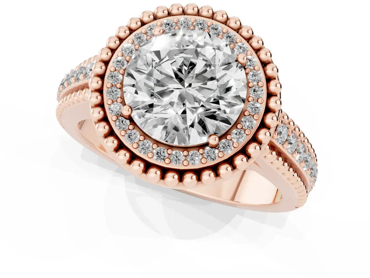 Round Cut Halo Diamond Ring with Beaded Split Shank and Four-Prong Setting Rose gold