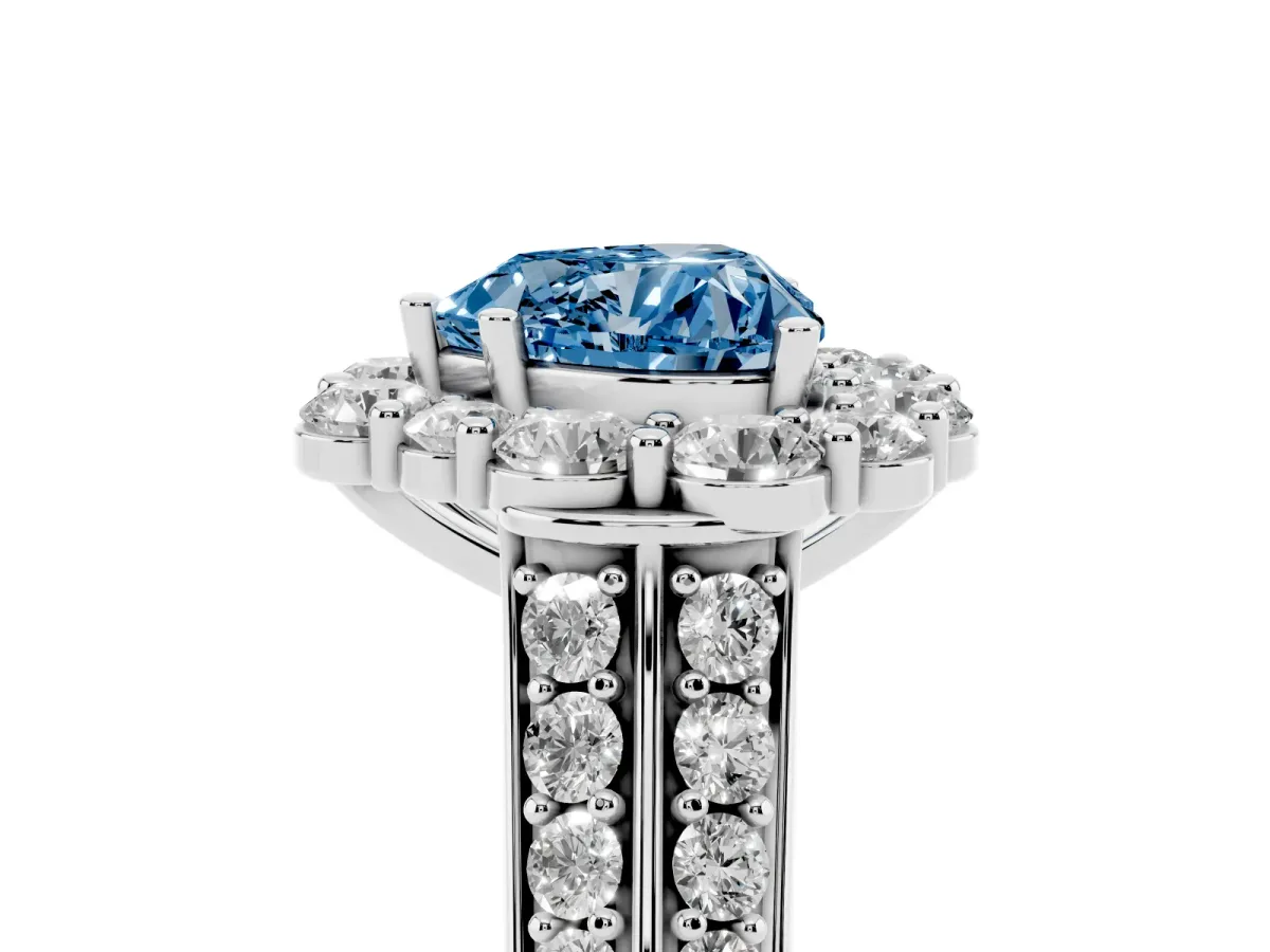 Fancy Blue Heart Cut Halo Diamond Engagement Ring with Split Shank and Prong Setting Silver
