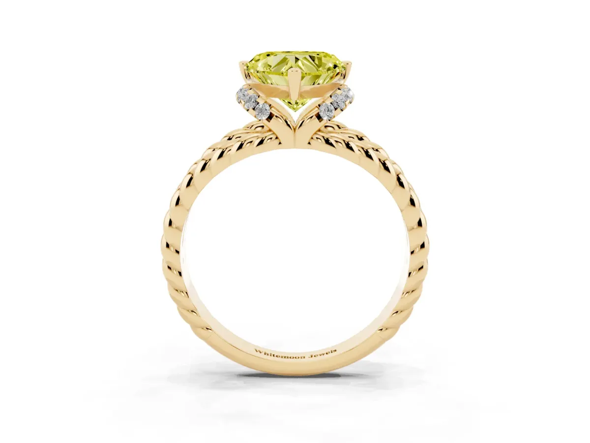 Fancy Yellow Heart Cut Halo Twisted Band Four-Prong Ring Yellow gold