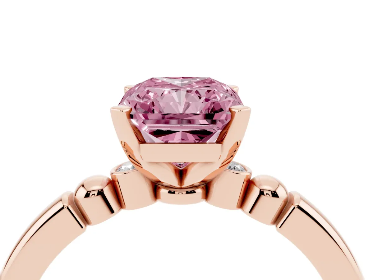 Fancy Pink Radiant Cut Solitaire Beaded Band with Four-Prong Setting Rose gold