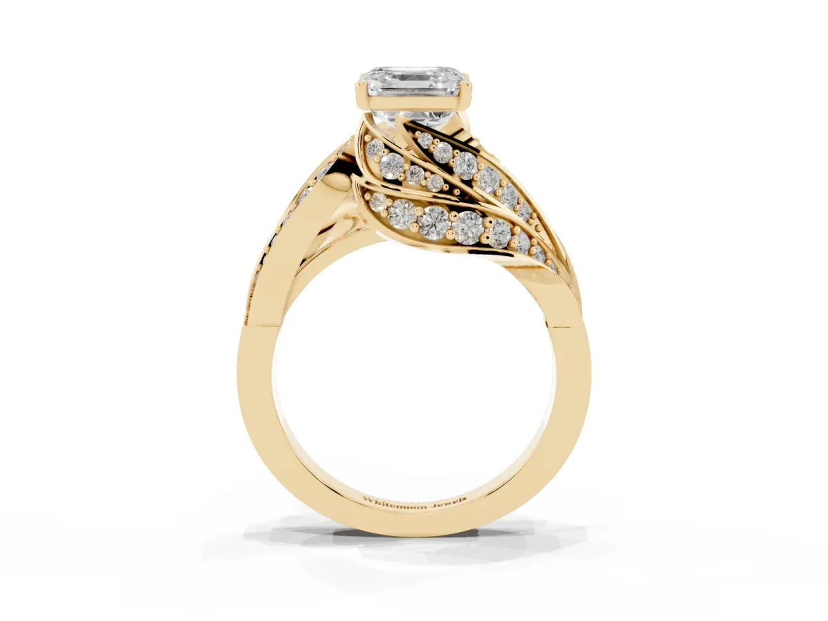 Asscher Cut Diamond Solitaire Ring with Prong Setting and Twisted Pavé Band Yellow gold