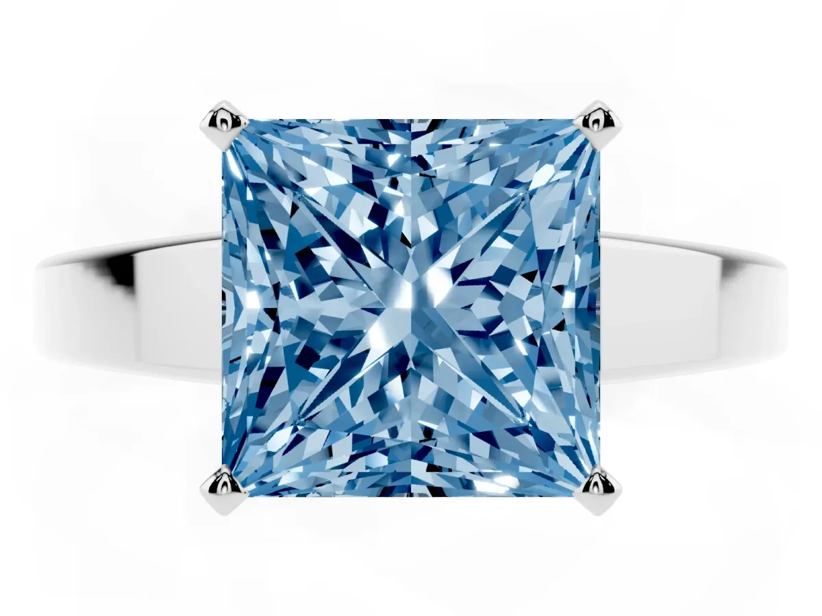 Fancy Blue Princess Cut Solitaire Engagement Ring with Four-Prong Setting and Tapered Band Platinum