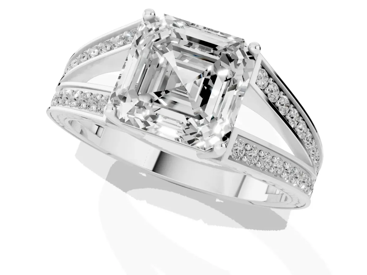 Asscher Cut Diamond Split Shank Ring with Pavé Band and Four-Prong Setting White gold
