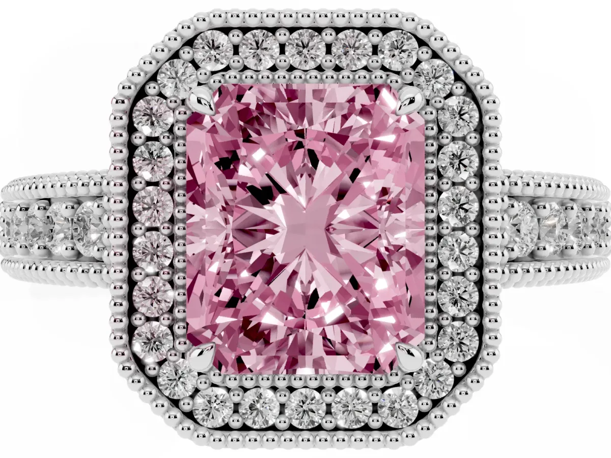 Fancy Pink Radiant Cut Cut Halo Diamond Ring with Pavé Band and Four-Prong Setting Silver