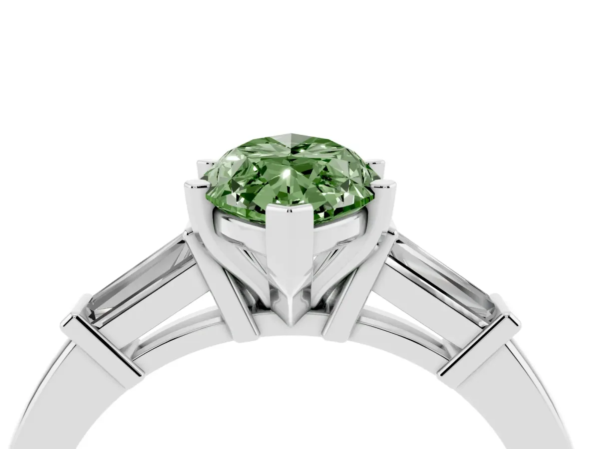 Fancy Green Marquise Cut Cut Diamond Solitaire Ring with Tapered Baguette Accents and Four-Prong Setting Silver