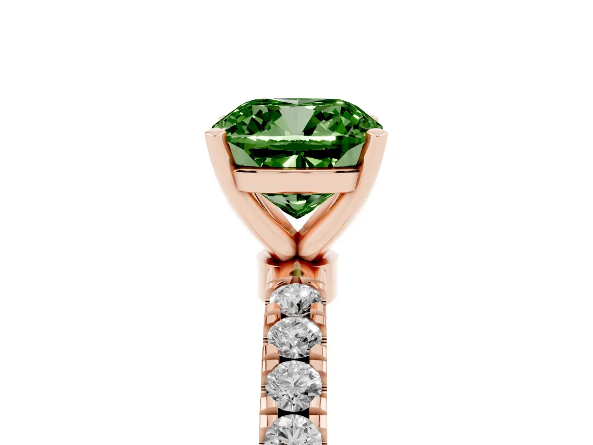 Fancy Green Cushion Cut Diamond Solitaire Ring with Pavé Accents and Four-Prong Setting Rose gold