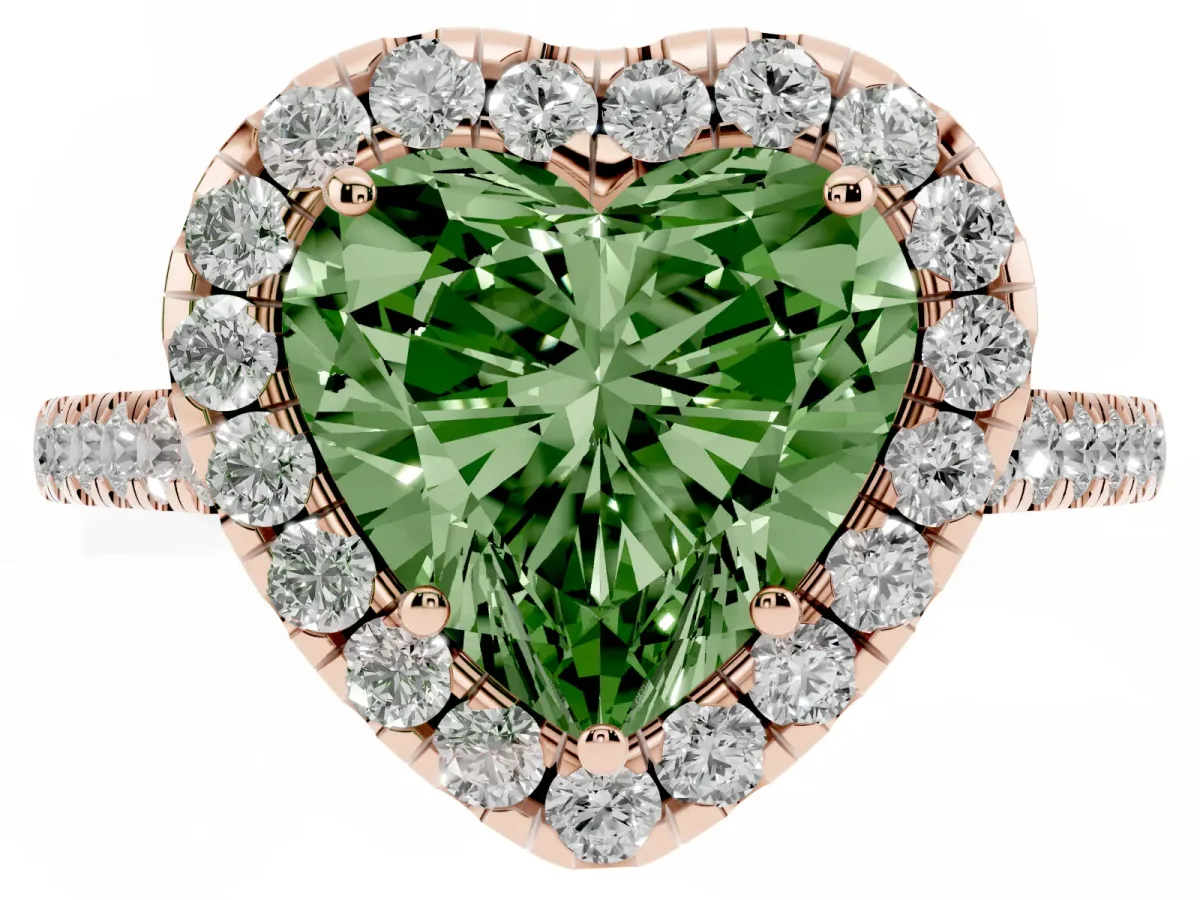 Fancy Green Heart Cut Halo Pave Diamond Engagement Ring with Four-Prong Setting Rose gold