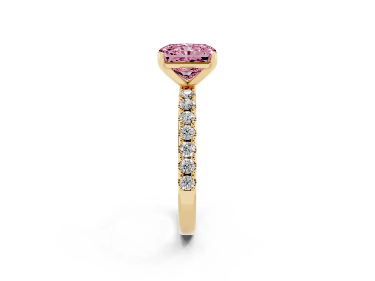 Fancy Pink Radiant Cut Diamond Solitaire Pavé Band with Four-Prong Setting Yellow gold