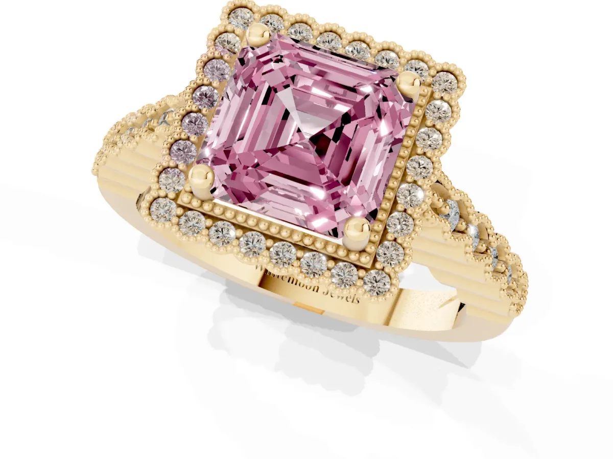 Fancy Pink Asscher Cut Cut Halo Pavé Solitaire Ring with Milgrain Band Yellow gold