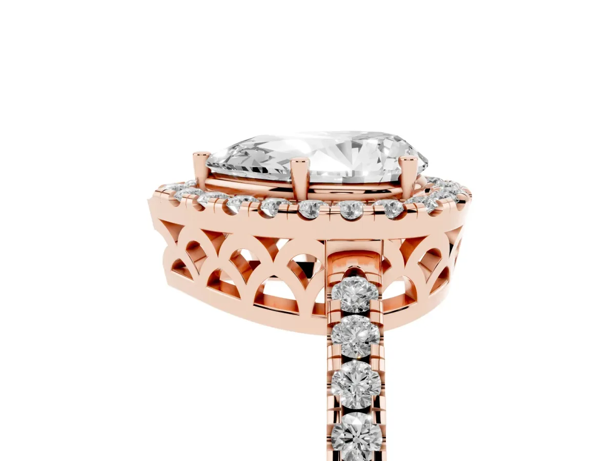 Pear Cut Halo Diamond Engagement Ring with Pavé Band and Four-Prong Setting Rose gold