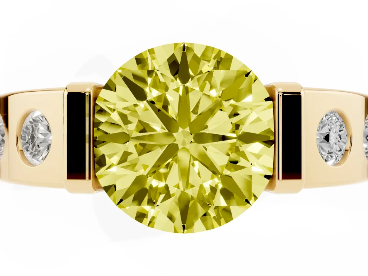 Fancy Yellow Round Cut Brilliant Channel-Set Diamond Ring with Bezel Prong Setting Yellow gold