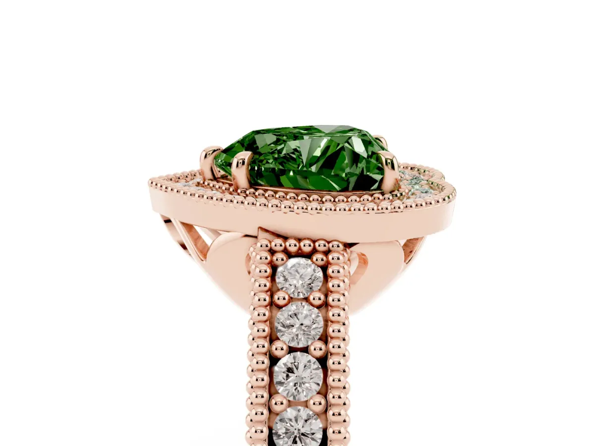 Fancy Green Heart Cut Cut Halo Diamond Ring with Pavé Band and Four-Prong Setting Rose gold