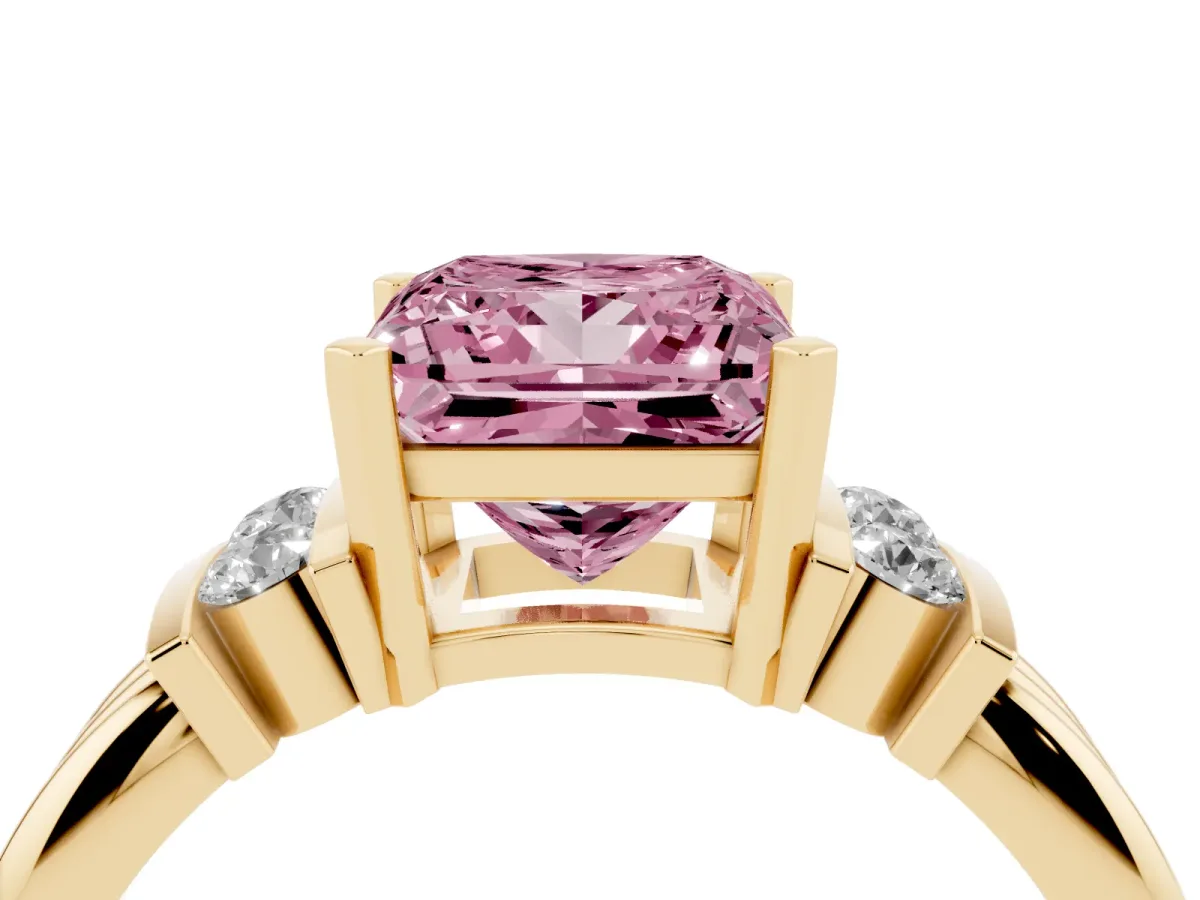 Fancy Pink Princess Cut Cut Three-Stone Channel Set Ring with Bar Prongs Yellow gold
