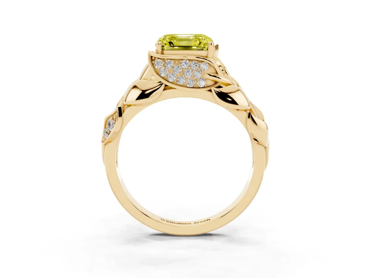 Fancy Yellow Asscher Cut Diamond Leaf-Inspired Engagement Ring with Round Accents and Prong Setting Yellow gold