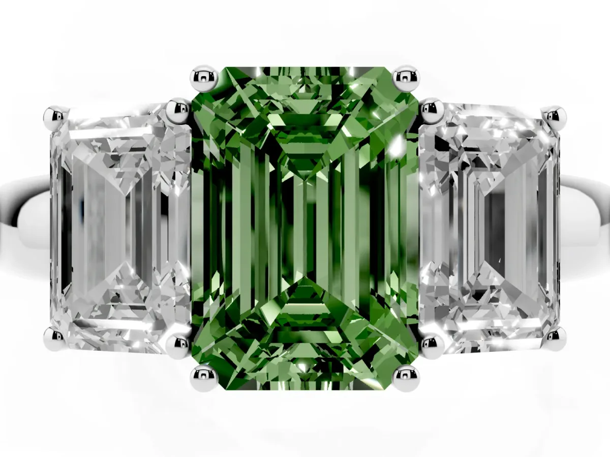 Fancy Green Emerald Cut Diamond Three-Stone Ring with Four-Prong Setting and Classic Band Silver