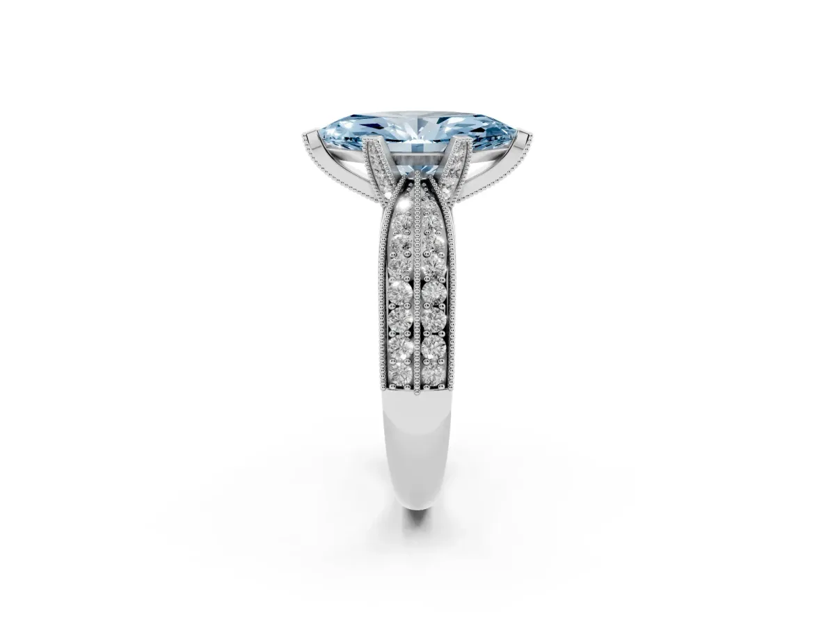 Fancy Blue Marquise Cut Diamond Solitaire Ring with Milgrain Round Pavé Band and Prong Setting Silver