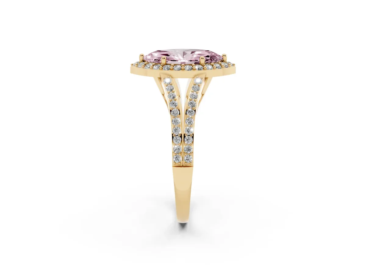 Fancy Pink Marquise Cut Halo Split Shank Diamond Ring with Prong Setting Yellow gold