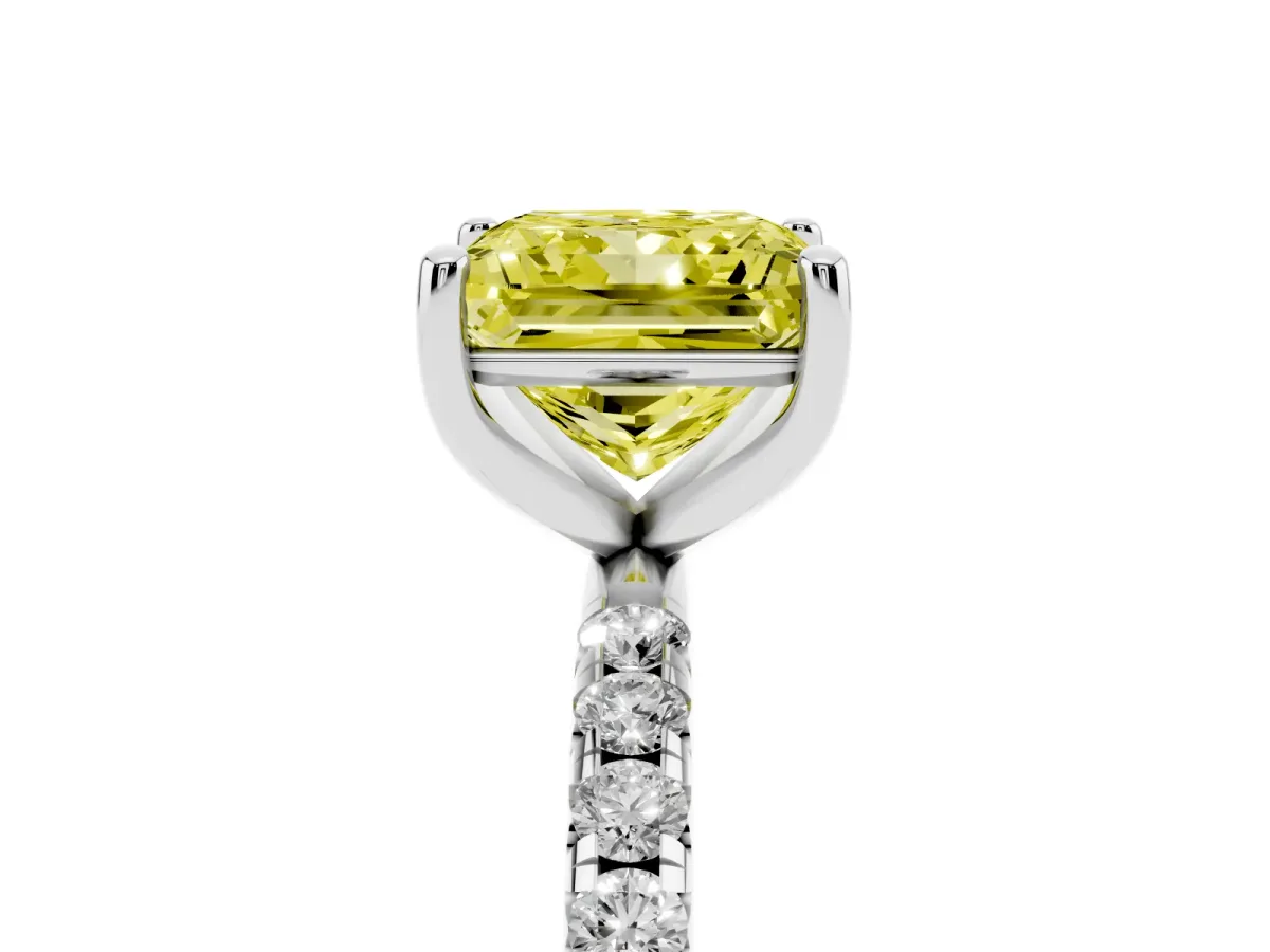 Fancy Yellow Princess Cut Cut Diamond Solitaire Ring with Micro Pave Band and Four Prong Setting Silver