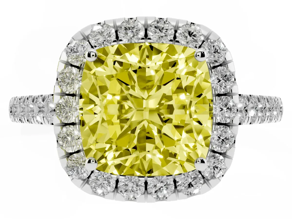 Fancy Yellow Cushion Cut Halo Pave Diamond Engagement Ring with Four-Prong Setting White gold