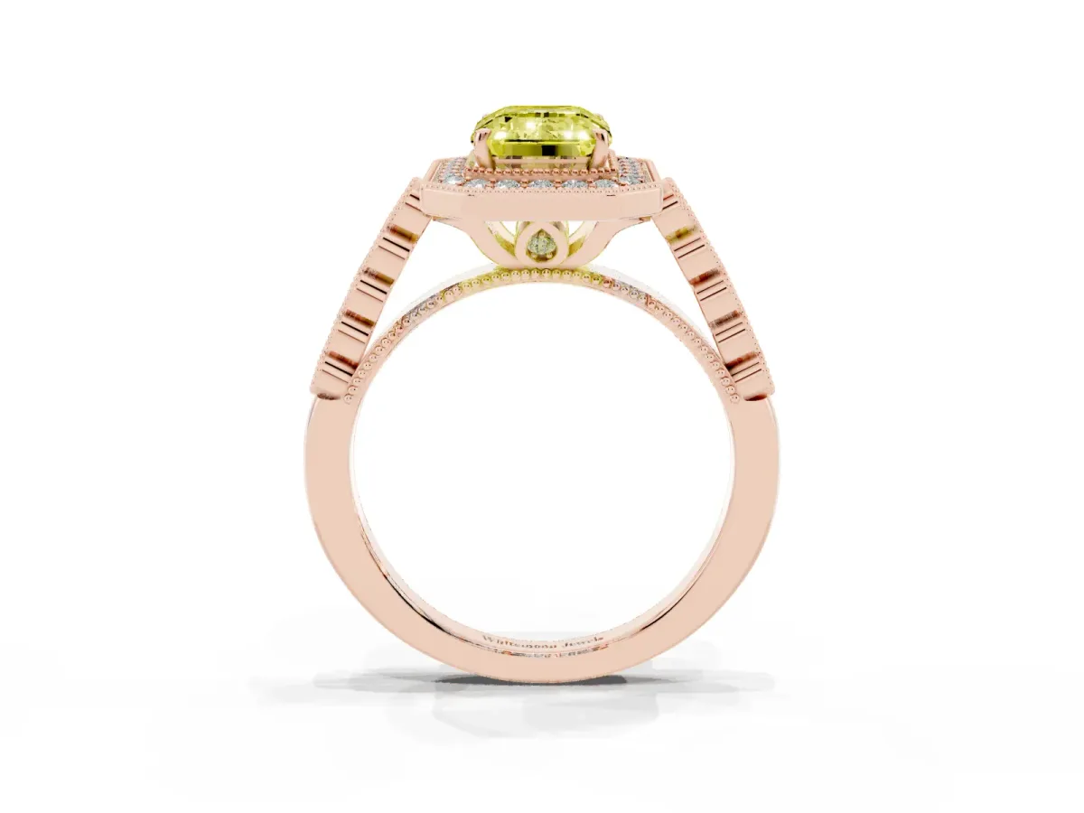 Fancy Yellow Emerald Cut Halo Milgrain Solitaire with Bezel Set Side Stones and Pave Band Rose gold