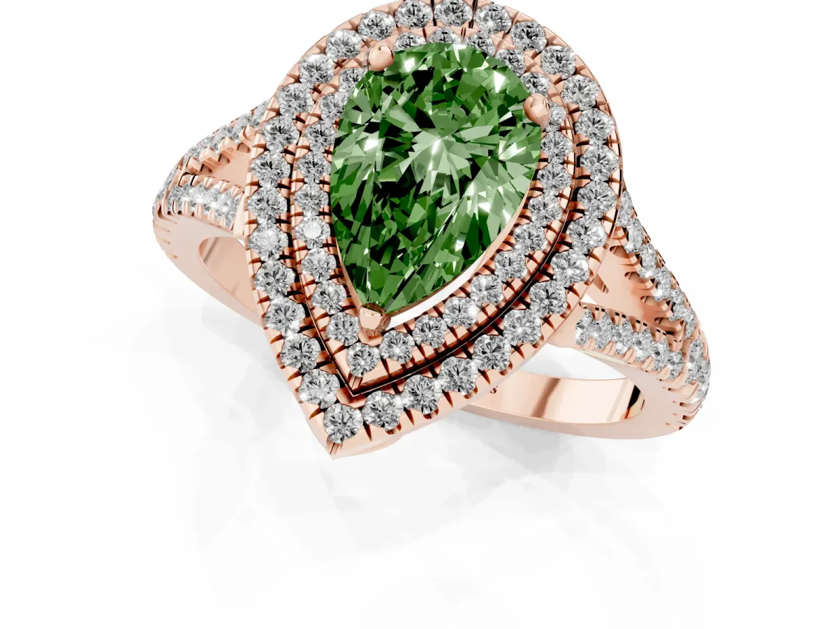 Fancy Green Pear Cut Diamond Double Halo Ring with Pavé Band and Prong Setting Rose gold