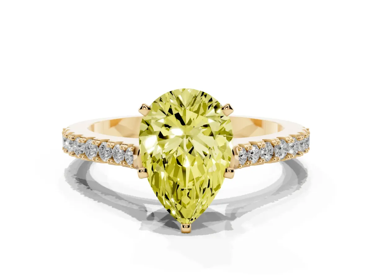 Fancy Yellow Pear Cut Cut Solitaire Diamond Engagement Ring with Pave Band and Four-Prong Setting Yellow gold
