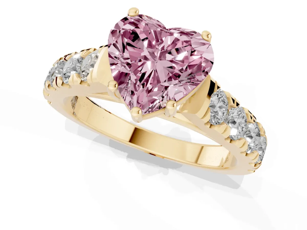 Fancy Pink Heart Cut Cut Diamond Solitaire Ring with Micro Pave Band and Prong Setting Yellow gold