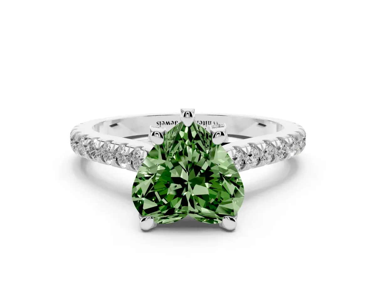 Fancy Green Heart Cut Brilliant Diamond Solitaire with Pavé Band and Four-Prong Setting White gold