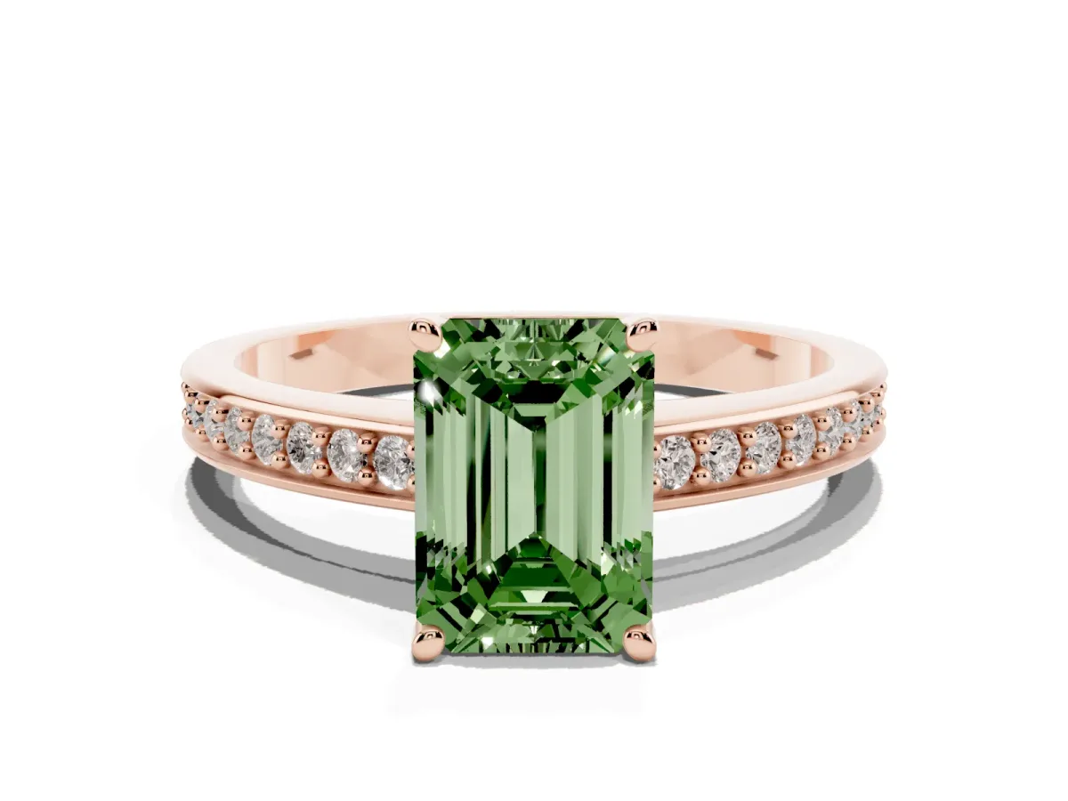 Fancy Green Emerald Cut Solitaire Pavé Band Prong Setting Ring Rose gold