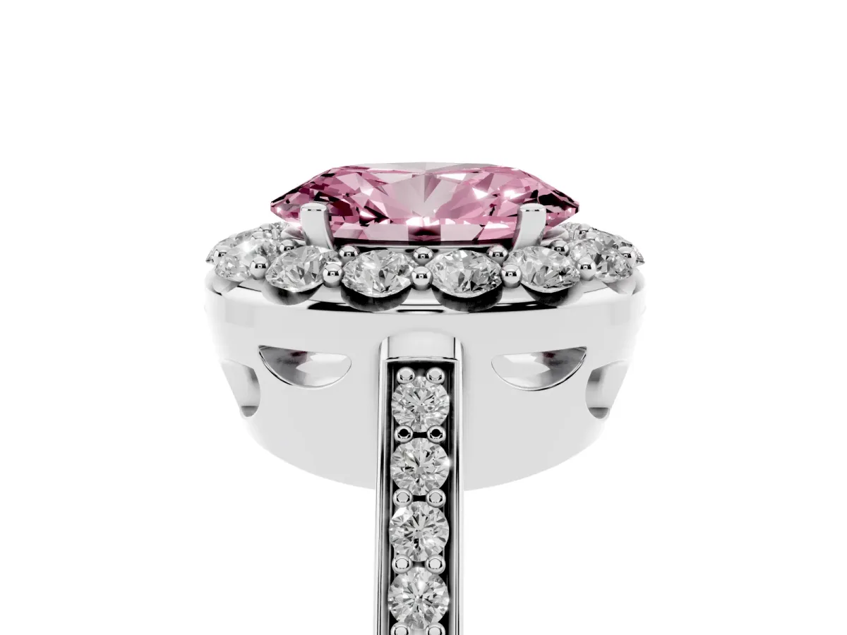Fancy Pink Oval Cut Diamond Floral Halo Ring with Pavé Band and Prong Setting Platinum