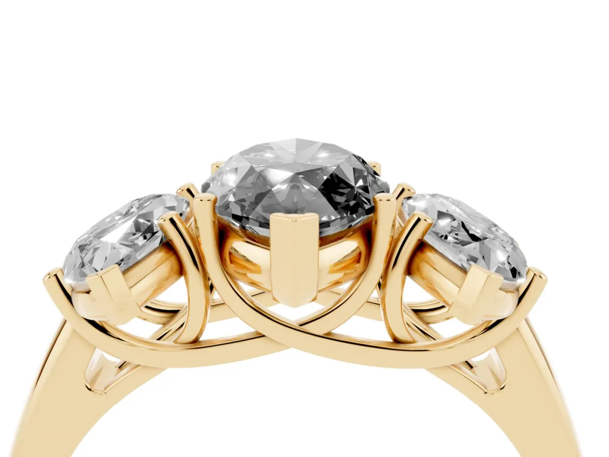 Fancy Black Three-Stone Marquise Cut Diamond Engagement Ring with Prong Setting Yellow gold