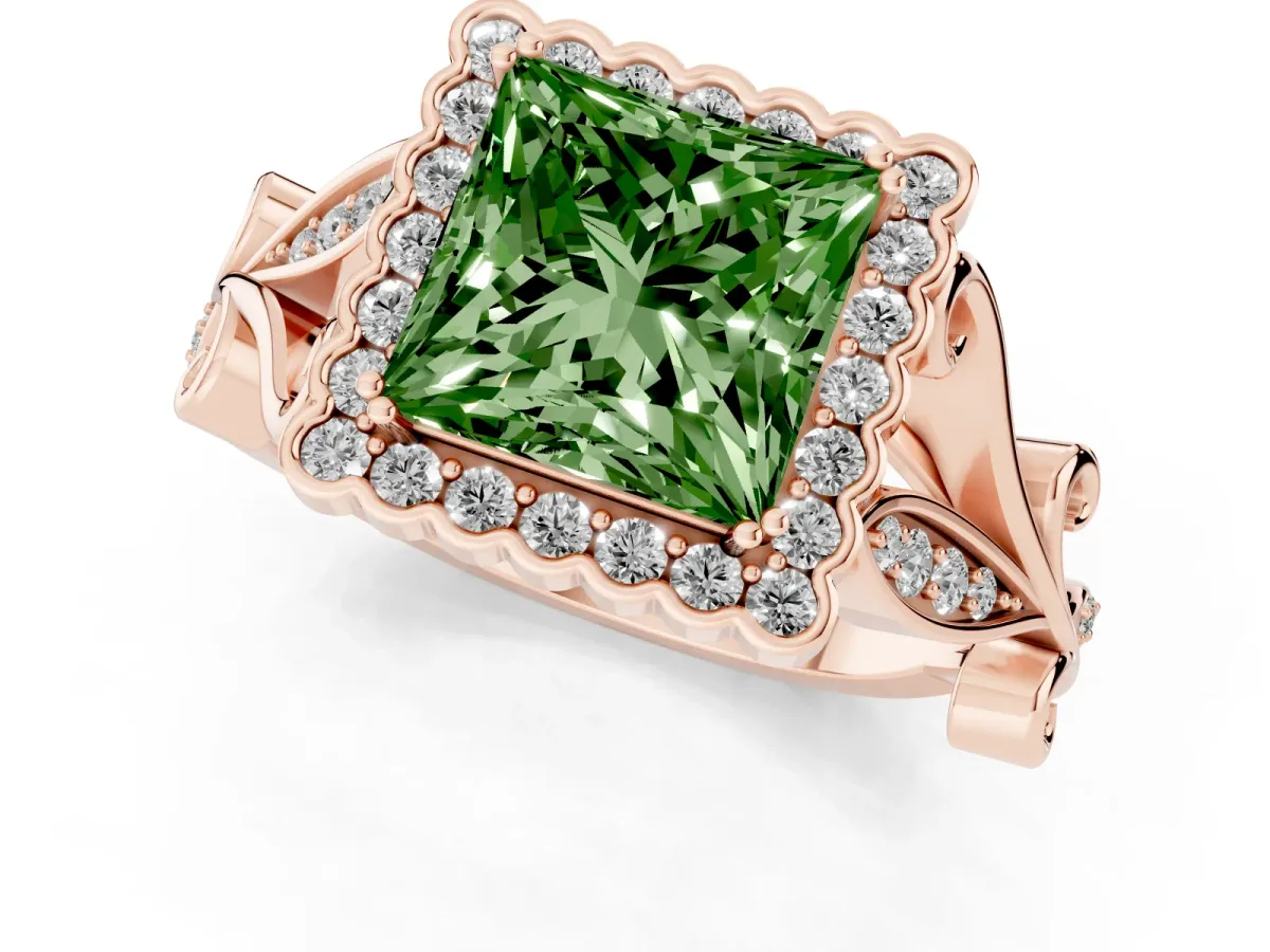 Fancy Green Princess Cut Diamond Halo Ring with Vintage Split Shank and Four-Prong Setting Rose gold