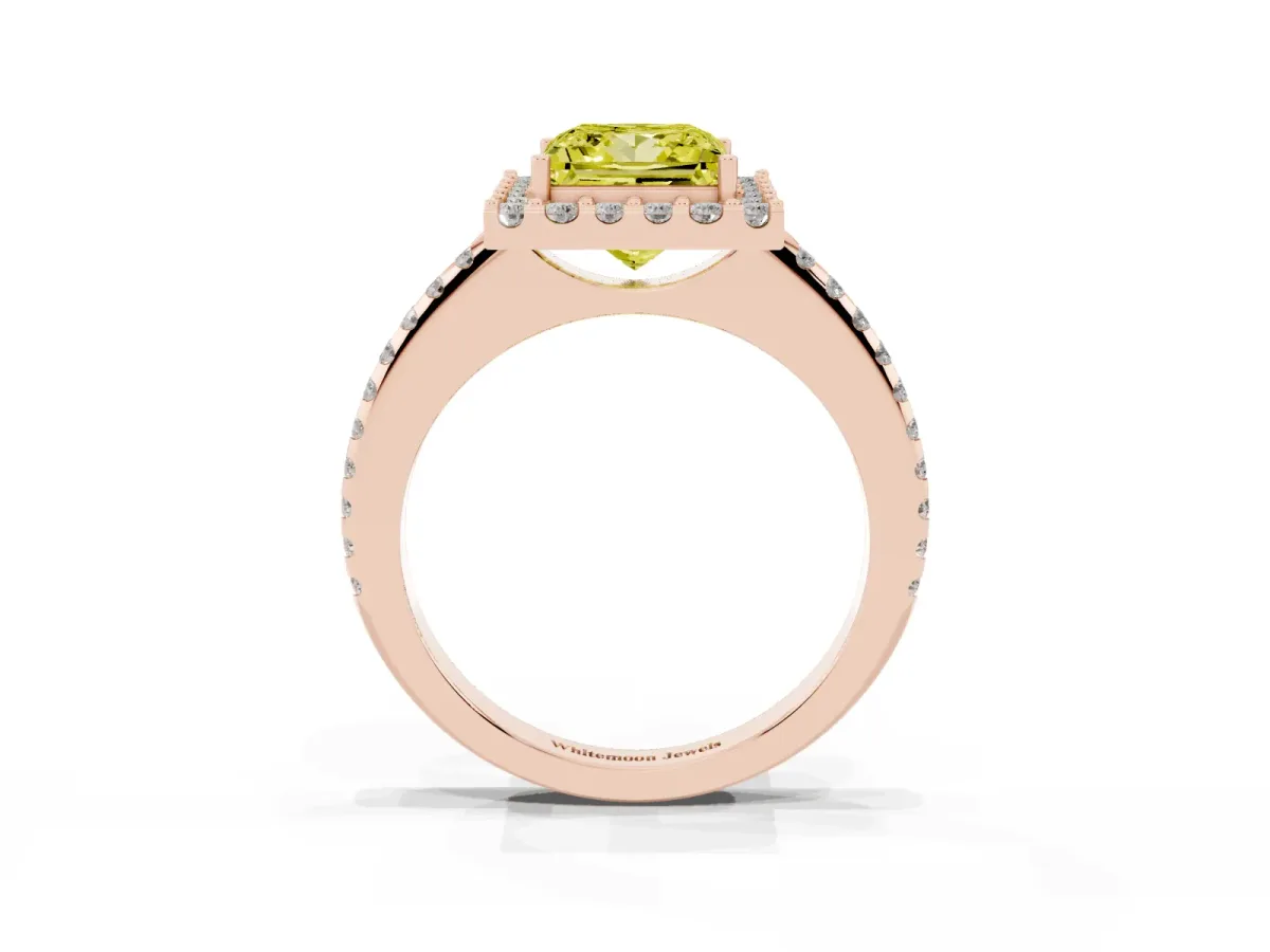 Fancy Yellow Princess Cut Diamond Pavé Halo Ring with Four-Prong Setting Rose gold