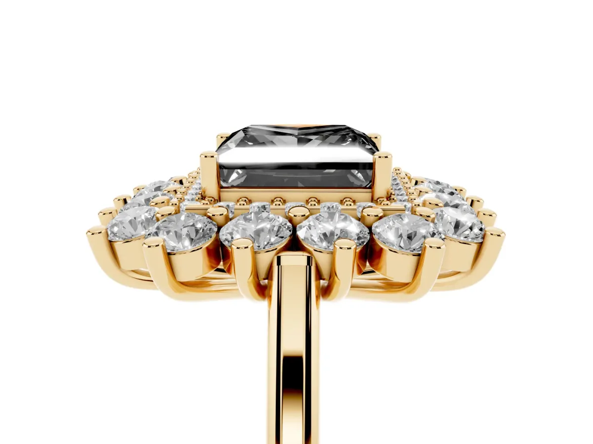 Fancy Black Princess Cut Diamond Floral Double Halo Engagement Ring with Prong Setting Yellow gold