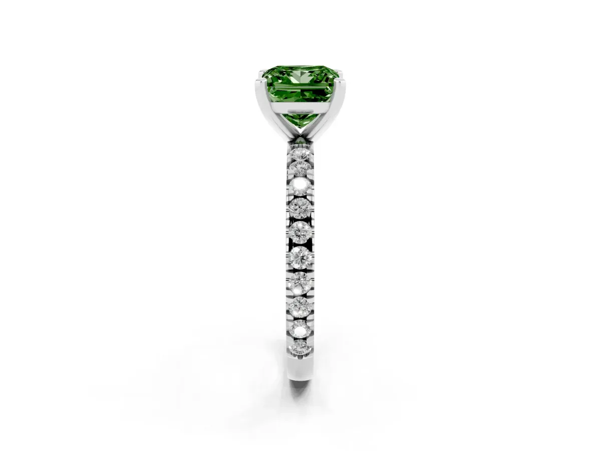Fancy Green Princess Cut Diamond Pavé Band Solitaire with Four-Prong Setting White gold