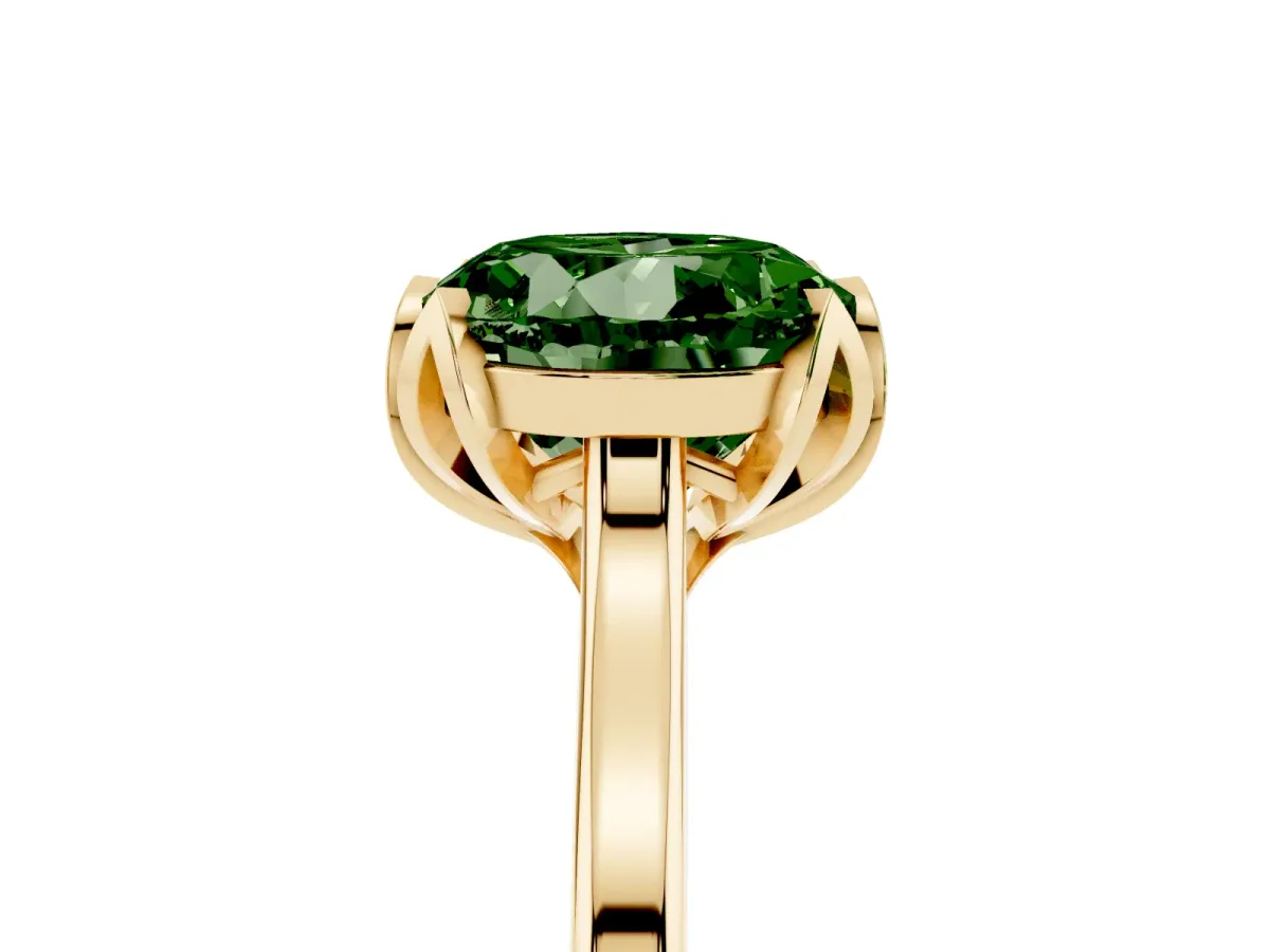 Fancy Green Round Cut Diamond Solitaire Ring with Flower Prong Setting and Classic Band Yellow gold