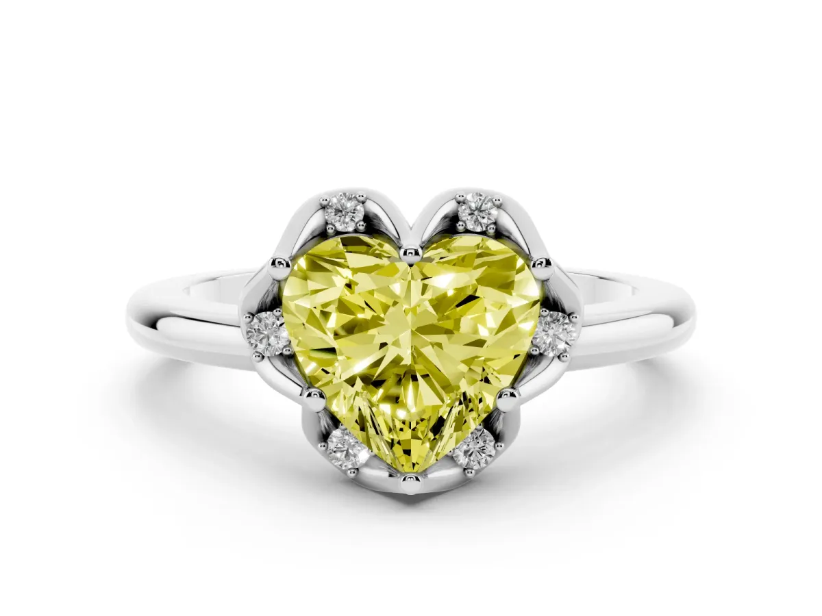 Fancy Yellow Heart Cut Halo Diamond Ring with Round Cluster Setting, Solitaire Band, and Four-Prong Setting White gold
