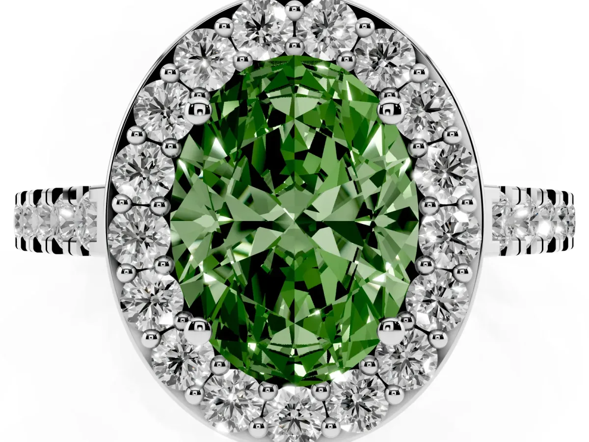 Fancy Green Oval Cut Diamond Halo Ring with Round Pavé Split Shank and Prong Setting Silver