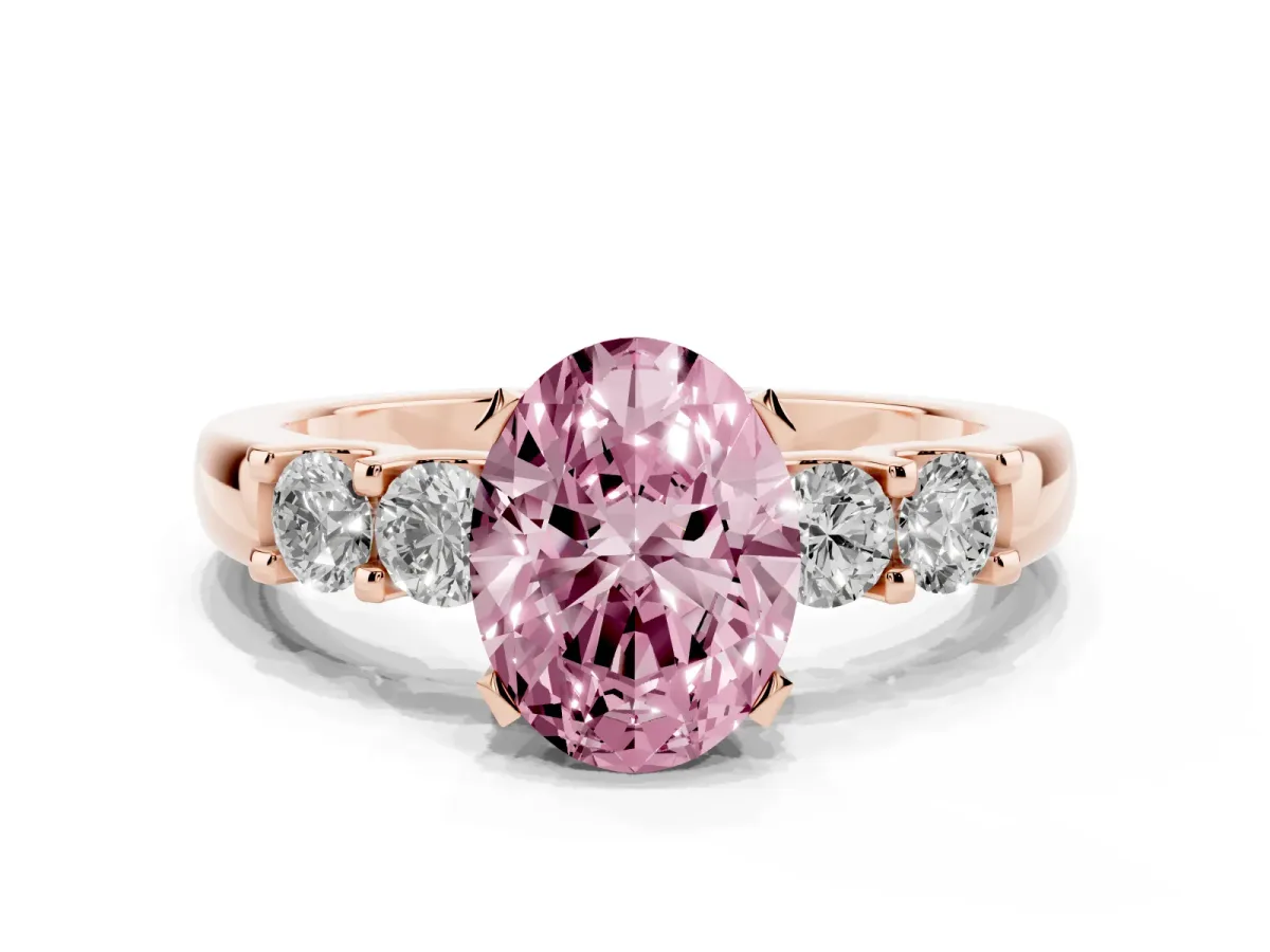 Fancy Pink Oval Cut Brilliant Cut Diamond Five-Stone Prong Set Engagement Ring with Channel Band Rose gold