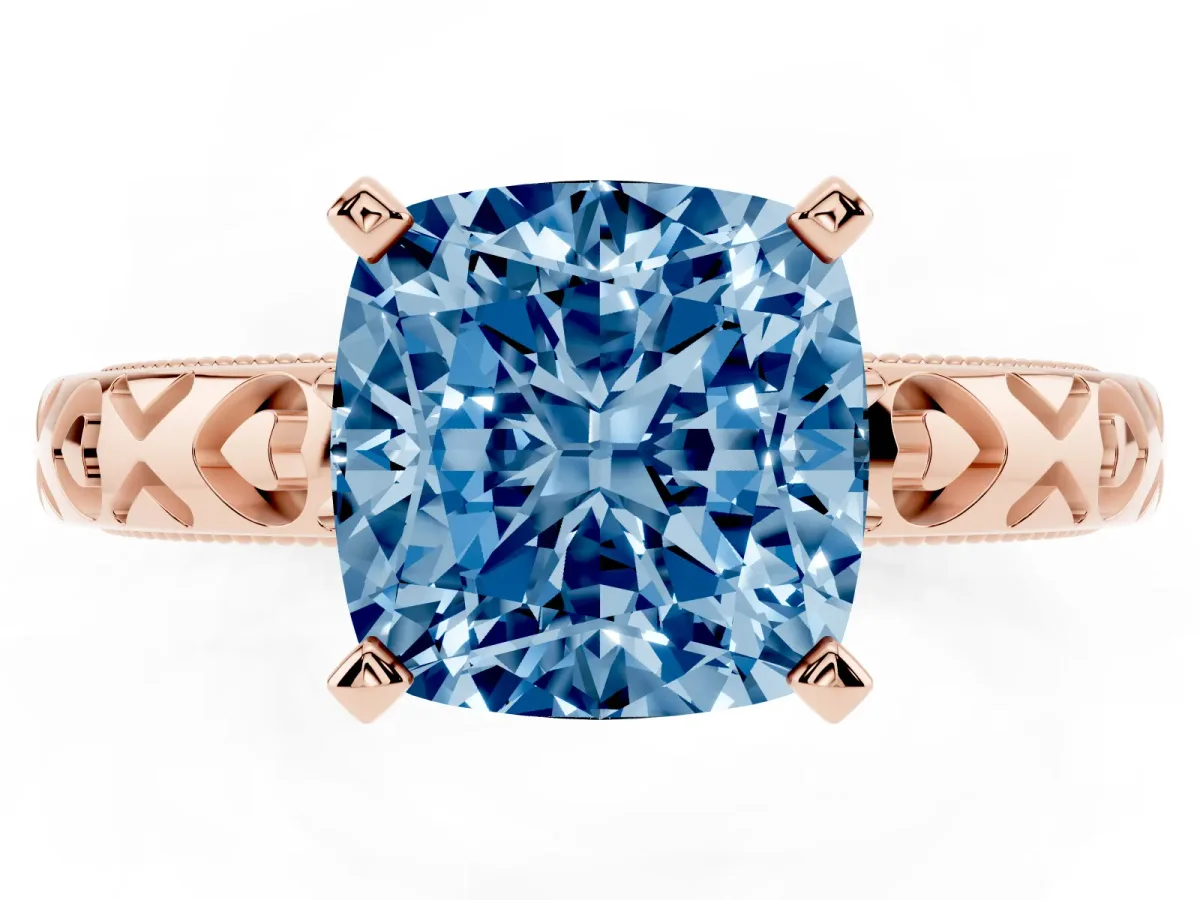 Fancy Blue Cushion Cut Solitaire Diamond Engagement Ring with XO Engraved Band and Four-Prong Setting Rose gold