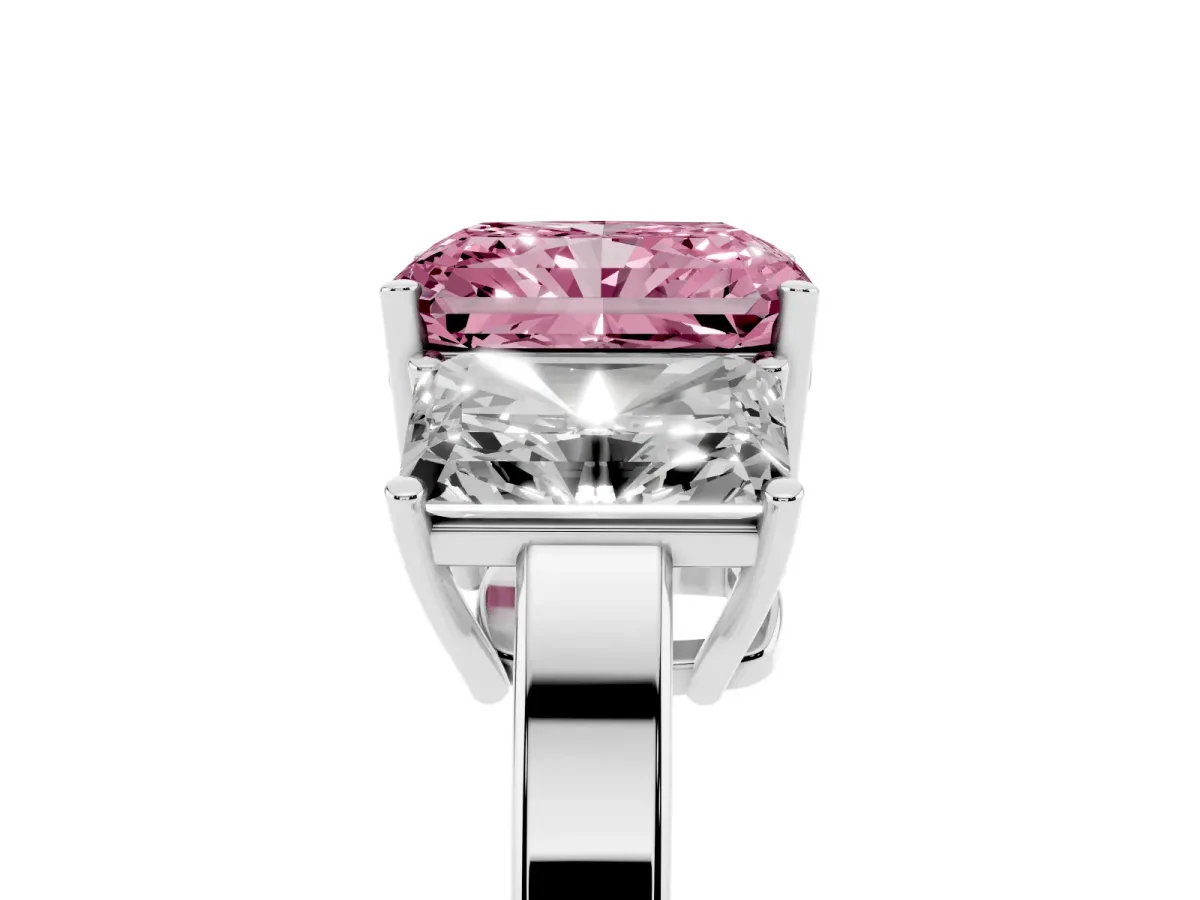 Fancy Pink Three-Stone Radiant Cut Cut Diamond Engagement Ring with Flat Band and Four-Prong Setting Silver