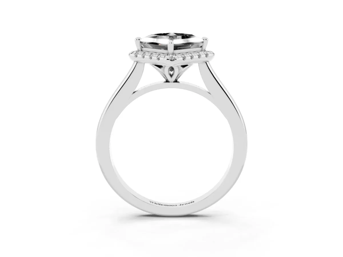 Fancy Black Princess Cut Halo Round Diamond Solitaire Engagement Ring with Pave Band and Four-Prong Setting White gold