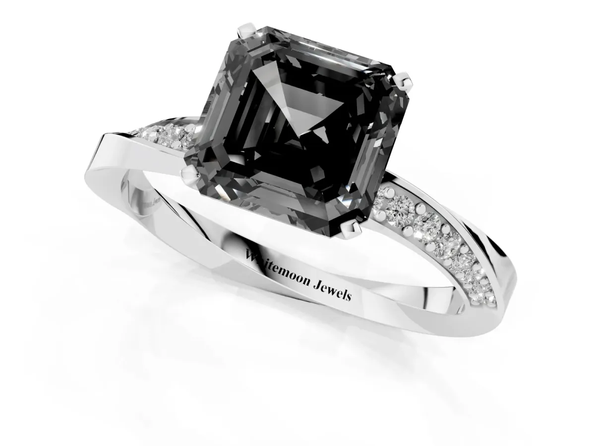 Fancy Black Asscher Cut Diamond Engagement Ring with Side Stone Accents and Four-Prong Setting Platinum