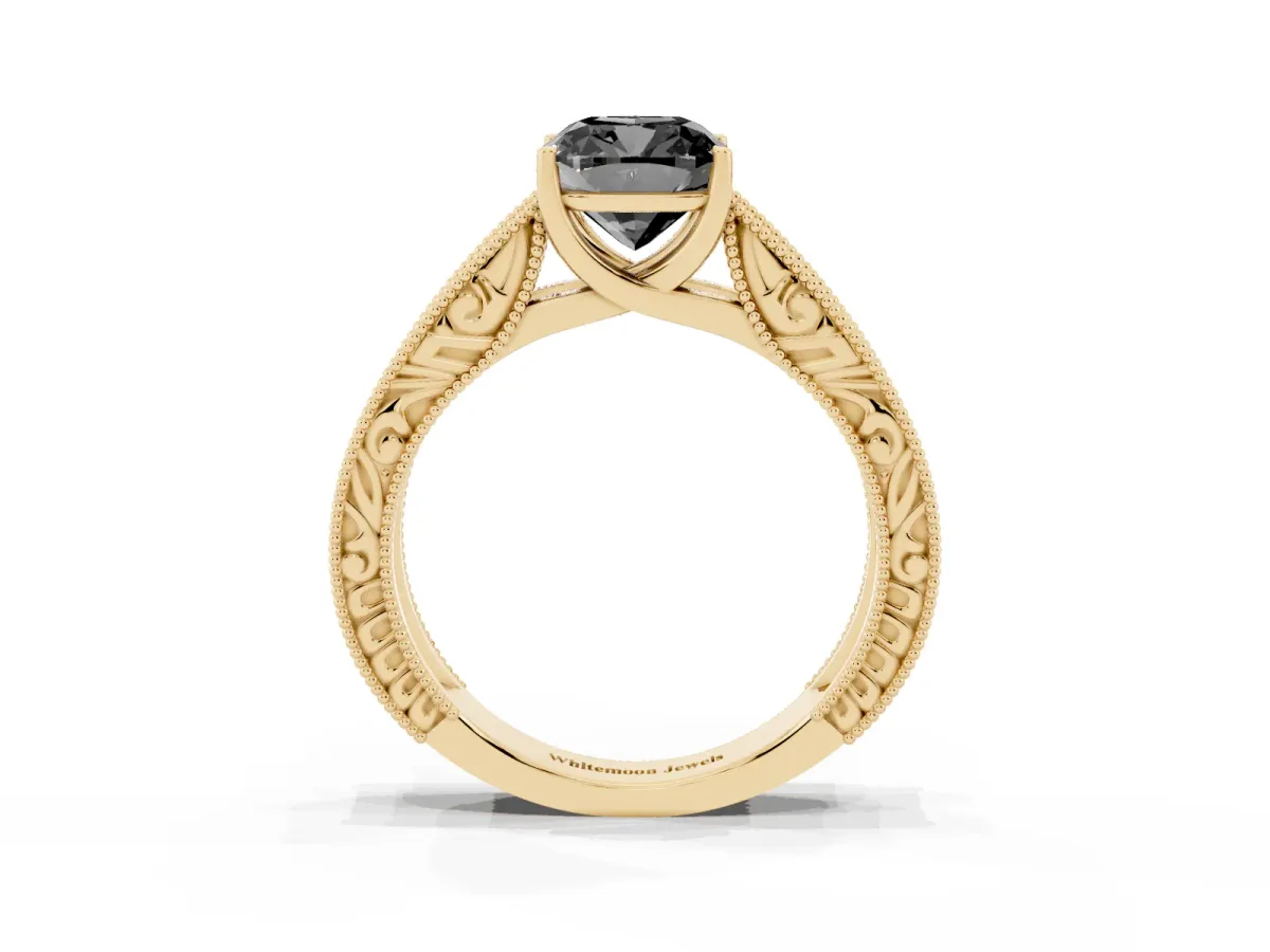 Fancy Black Cushion Cut Diamond Solitaire Ring with Engraved Band and Four-Prong Setting Yellow gold