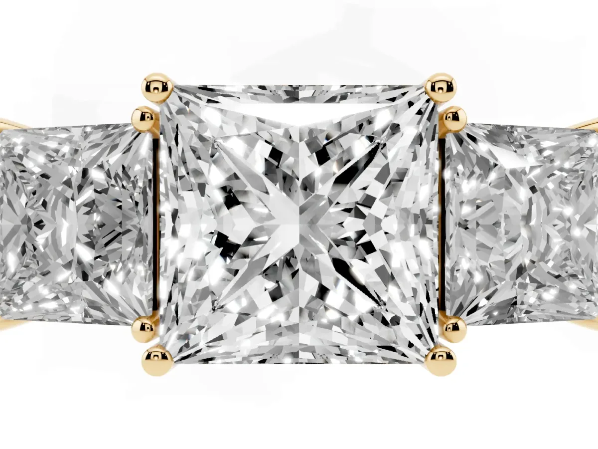 Three-Stone Princess Cut Cut Diamond Engagement Ring with Flat Band and Four-Prong Setting Yellow gold