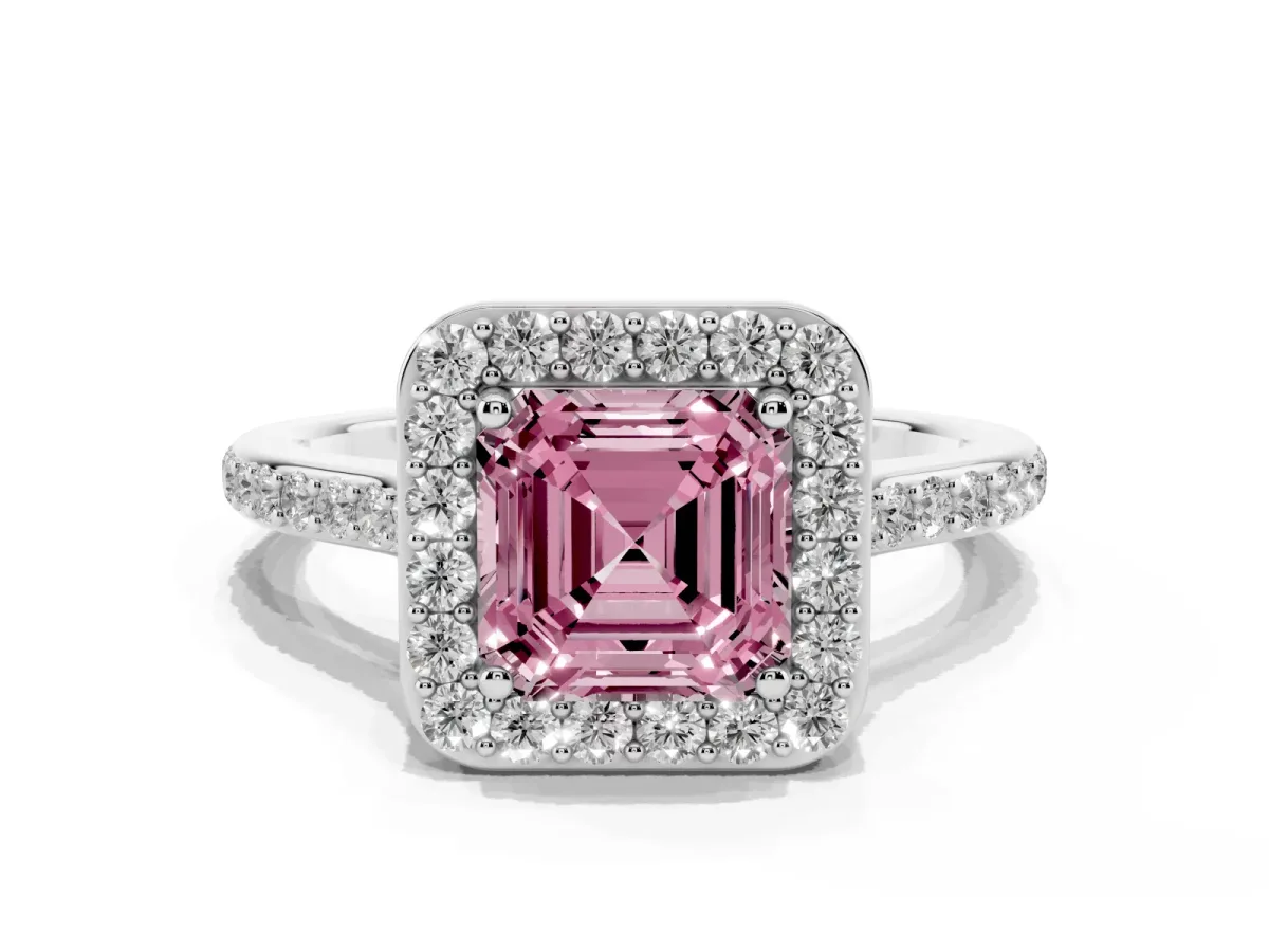 Fancy Pink Asscher Cut Diamond Halo Engagement Ring with Round Pavé Shoulders and Prong Setting White gold